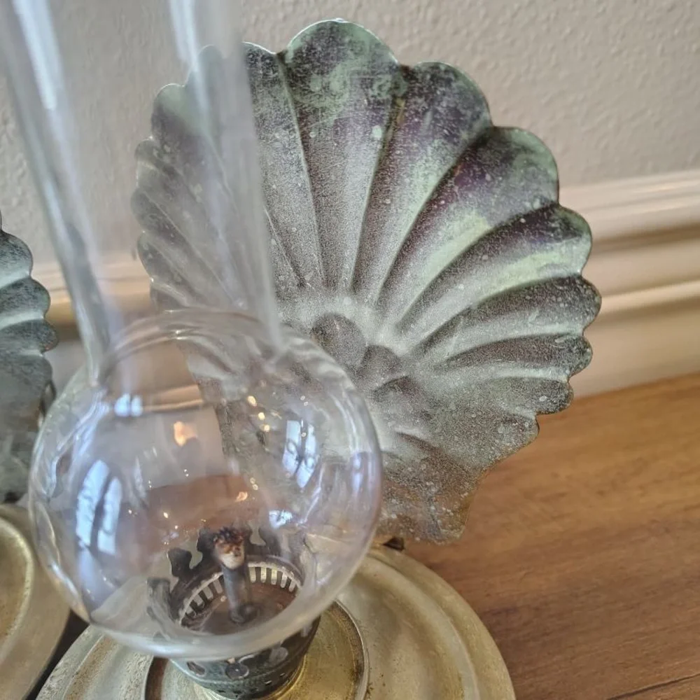 Vtg MCM Metal Oil Hanging Lanterns Pair Of 2 Wall Decor Nautical Beach Patina